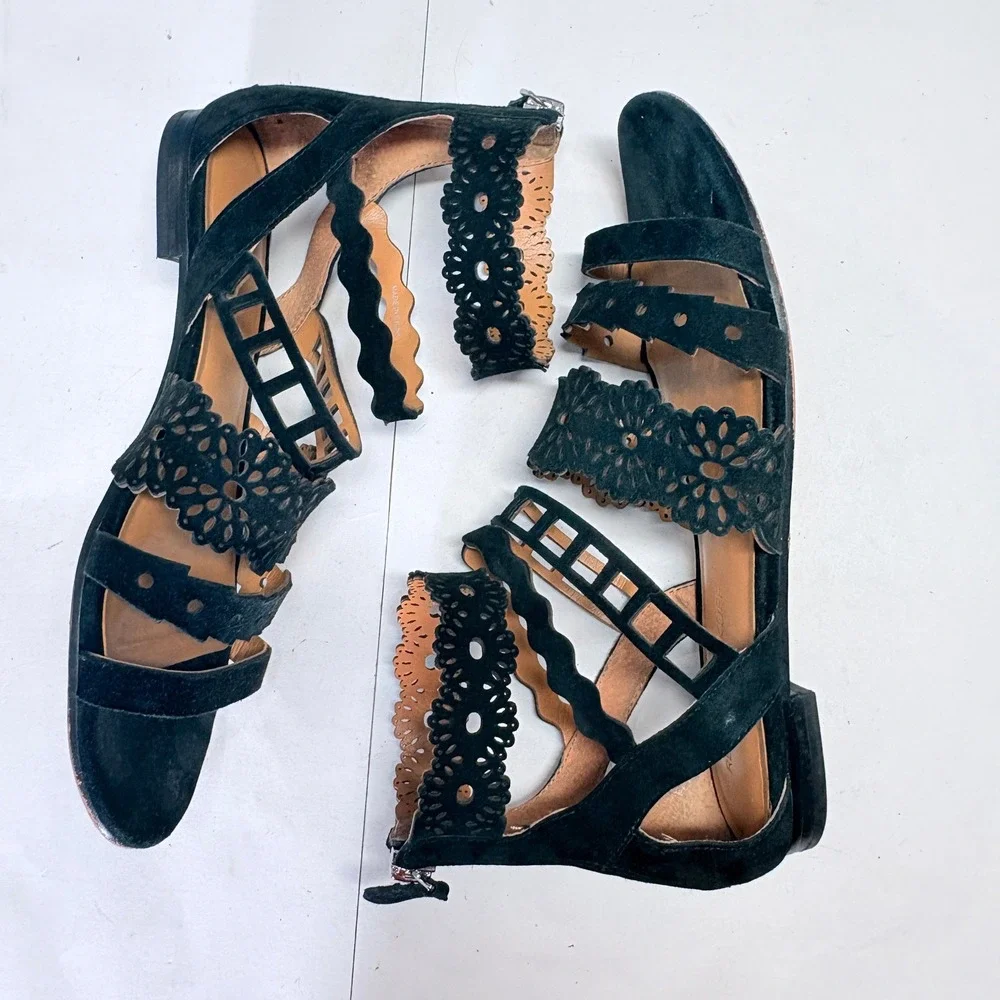 Rebecca Minkoff Black Suede Gladiator Sandal 7.5‎ Scalloped Boho Flat Festival